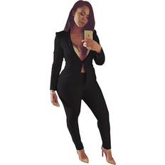 Two piece Pant Suits spring long sleeve Casual Sexy Jacket long trouser Piece Set outfit Black One
