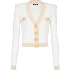 Balmain Women Cardigans Balmain Cropped knit cardigan with gold trim naturel_or