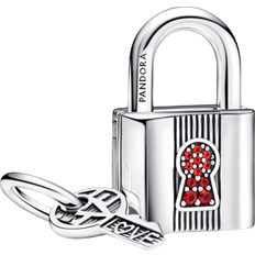 Pandora Padlock & Key Dangle Charm - Silver/Red