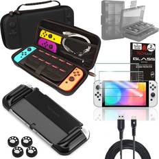 TechGear Black Switch OLED Bundle - Case and Screen Protector with Accessories, Hard Carry Tempered 2m