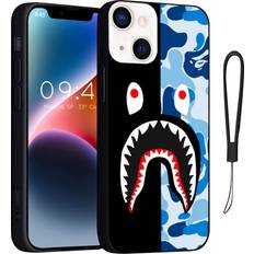 Mobile Phone Cases SHENGJIN Cool Shark Face Compatible with iPhone 14 Case, Cute Camo Shark CaseBoys Girls Men Women, Shockproof Soft TPU Cases DesignediPhone 14 with 6.1 inch, Comes with Silicone Lanyard Black Blue