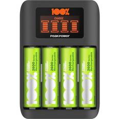 100 pack aa batterier 100%PeakPower 4 Bay AA/AAA Fast Battery Charger + 2600mAh AA Rechargeable Batteries 4-pack