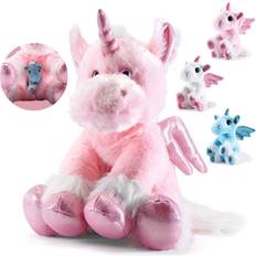 Soft Toys Prextex PREXTEX Plush Unicorn with Zippered Pouch for Its 3 Little Plush Baby Unicorns Plushlings Collection Soft Stuffed Animal Playset