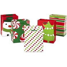 Hällmark Hallmark 6" Small Holiday Gift Bag Assortment Pack of 5: Snowman, Tree, Candy, Polka Dots, Stripes for Stocking Stuffers, Gift Cards, Party Favors and More