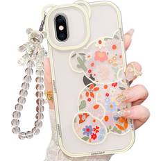 Mobile Phone Covers Iaiyoxi IAIYOXI Compatible with iPhone XR Case, Cute Flowers Bear Camera Protector Clear Case with Lovely Strap Bracelet Chain Girls Women Case for iPhone XR