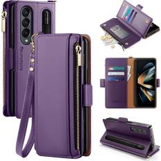 Wallet Cases Antsturdy Samsung Galaxy Z Fold 4 5G Wallet with Card Holder for Women Men,Galaxy Z Fold 4 5G Phone case RFID Blocking PU Leather Flip Shockproof Cover with Strap Zipper Credit Card Slots,Purple