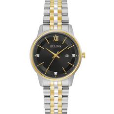 Bulova Klassisk diamantklänning för damer med dag dejt, Två toner/svart urtavla, Klassisk 3 hand diamant kvarts