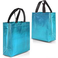 Blue Gift Bags Nush Nush 12 Aqua Blue Gift Bags Set, Non-Woven Reusable Shiny Small Gift Bags with Glossy Teal Finish Ideal As Birthday Bag, Favor Bags, Goodie Bags for Wedding, Birthday Party -8x4x10 Small- Medium Size