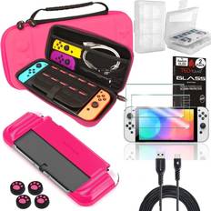 TechGear Pink Switch OLED Bundle - Case and Screen Protector with Accessories, Hard Carry Case, 24 Tempered 2m