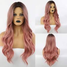 Pink Wigs Ombre Black to Pink Wig Synthetic Wigs Long Natural Wave Heat