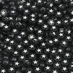 Black DIY Shein 100pcs 7*4mm Colorful Round Five-Pointed Star Pattern Beads Mixed Acrylic Loose DIY Beads for Jewelry Making Bracelets Necklaces Key