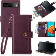 Wallet Cases Antsturdy for Google Pixel 6a case Wallet [RFID Blocking] PU Leather Flip Folio Book Protective Cover with Wrist Strap [Zipper Poket] Credit Card Holder Kickstand Function Men Women Wine Red