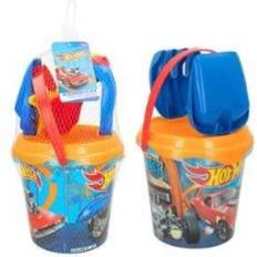 Hot Wheels Cubo de playa 18 cm con cedazo, pala, rastillo y 2 moldes en red (Color Baby 77393)