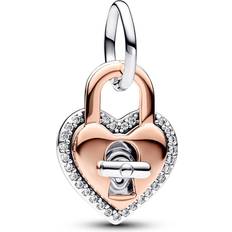 Pandora Two-tone Twistable Heart Padlock Double Dangle Charm - Silver/Rose Gold/Transparent