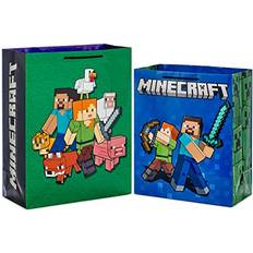 Hällmark Hallmark Minecraft Gift Bag Bundle 2 Bags: 13" Large Blue Bag, 15" Extra Large Green for Birthdays, Christmas, Valentine's Day, Halloween, Kids Parties