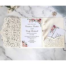 N/C 10sets 3D Pop Up Bride And Groom White Wedding Invitation Card Laser Cut Pocket Floral Engagement Invitations with Envelope & Inner Paper Ivory,18*12.5CM