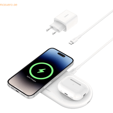 Batterier & Ladere Belkin BoostCharge Pro 2-i-1 trådlös laddare med magnetisk Qi2 15 W, Trådlös snabbladdning av iPhone som är kompatibel med serierna iPhone 15, AirPods och enheter med MagSafe Vit