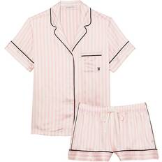 Pink - Women Sleepwear Victoria's Secret Satin Short Pajama Set - New Pink Iconic Stripe