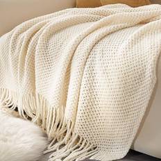 Shein 1pc Knitted Throw Blanket Tassel Filt Beige