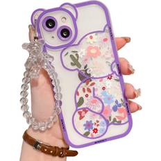 Mobile Phone Cases Iaiyoxi IAIYOXI iPhone 14 Pro Max Case with Cute Flowers Bear Pattern, Camera Protector, Clear Case and Lovely Strap Bracelet Chain, Compatible with iPhone 14 Pro Max for Girls Women Purple