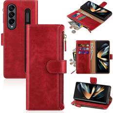 Wallet Cases Antsturdy Samsung Galaxy Z Fold 4 5G Wallet case with Card Holder for Women Men,Galaxy Z Fold 4 5G Phone case RFID Blocking PU Leather Flip Shockproof Cover with Strap Zipper Credit Card Slots,Red