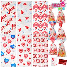 Joyin JOYIN 150 Pcs Valentine Gift Bags Long Cellophane Bags with Gift Cards and Twist Ties Valentine Goodies Bags for Valentines Day Party Favors Supplies