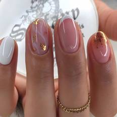 24pcs/Set Short Oval-Shaped Gold Foil & Glitter Gradient French False Nails, Press On Nails, Suitable For