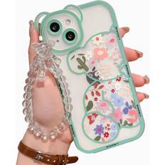 Mobile Phone Accessories Iaiyoxi IAIYOXI iPhone 13 Pro Max Case with Cute Flowers Bear Pattern, Camera Protector, Clear Case and Lovely Strap Bracelet Chain, Compatible with iPhone 13 Pro Max for Girls Women Green