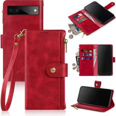 Wallet Cases Antsturdy for Google Pixel 6a case Wallet [RFID Blocking] PU Leather Flip Folio Book Protective Cover with Wrist Strap [Zipper Poket] Credit Card Holder Kickstand Function Men Women Red