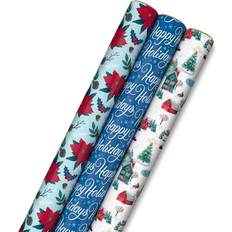 Florals Gift Wrapping Papers Hällmark Hallmark Holiday Flowers Wrapping Paper with Cutlines on Reverse 3 Rolls: 120 Sq. Ft. Total Red Poinsettias with Holly and Pinecones, Cute Winter Town, "Happy Holidays" in Blue