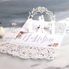 N/C NC 10sets 3D Pop Up Bride And Groom White Wedding Invitation Card Laser Cut Pocket Floral Engagement Invitations with Envelope & Inner Paper White 18x12.5CM