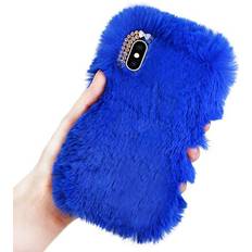 Mobile Phone Covers Plush Case for iPhone XR 6.1 inch 2018 Rabbit Fur Case,LCHDA iPhone XR Bunny Furry Fluffy Fuzzy Phone Case for Girls Cute Winter Warm Hair Soft TPU Back Case Cover with Luxury Diamond Bowknot-Blue