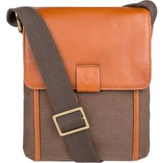 Canvas - Men Messenger Bags Hidesign Aiden Genuine Leather and Canvas Mini Crossbody Men/Women Messenger Bag/Travel Bag 10.5" iPad Bag, Light Tan