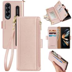 Wallet Cases Antsturdy Samsung Galaxy Z Fold 4 5G case Wallet with Card Holder for Women Men,Galaxy Z Fold 4 5G Phone case RFID Blocking PU Leather Flip Cover with Strap Zipper Credit Card Slots,Rose Gold