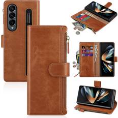 Wallet Cases Antsturdy Samsung Galaxy Z Fold 4 5G Wallet case with Card Holder for Women Men,Galaxy Z Fold 4 5G Phone case RFID Blocking PU Leather Flip Cover with Strap Zipper Credit Card Slots,Light Brown