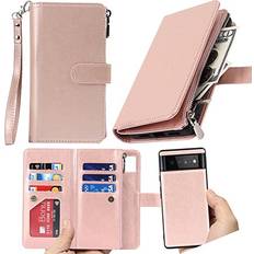 Mobile Phone Accessories Ｈａｖａｙａ Google Pixel 6 Pro 5G 6.7" Case Zipper Wallet- with 6 Card Holder [RFID Blocking] detachable 2-in-1-Wristband Lanyard for Women and Men-Wireless charger compatible Flip Folio Cover-Rose gold