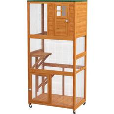 Pawhut 74" Wooden Outdoor Cat House Catio Outdoor Cat Enclosure, Orange