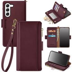 Wallet Cases Antsturdy Samsung Galaxy S23 /S23 Plus case Wallet with Card Holder for Women Men,Galaxy S23 /S23 Plus Phone case RFID Blocking PU Leather Flip Cover with Strap Zipper Credit Card Slots,Wine Red