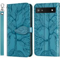 Wallet Cases MEUPZZK for Google Pixel 6A Case, Wallet Case for Pixel 6A 5G, Embossed Tree Premium PU Leather [Kickstand] [Card Slots] [Wrist Strap] [Folio Flip] [6.1 inch] Phone Cover for Pixel 6A R-Blue