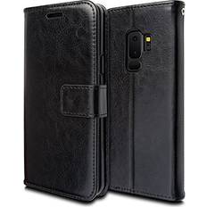 TechGear BLACK Samsung Galaxy S9 Plus Leather Wallet Case, Flip Protective Cover with Wallet Card Holder, Stand and Wrist Strap PU Leather with Magnetic Closure