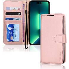 TechGear Pink Apple iPhone 14 Pro Max Leather Wallet Case, Flip Protective Cover with Wallet Card Holder, Stand and Wrist Strap PU Leather with Magnetic Closure