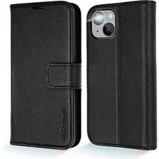 Apple iPhone 14 Plus Wallet Cases TechGear Black Wallet Case for iPhone 14 Plus, Genuine Leather Magnetic Flip [RFID Blocking] Case with Shockproof TPU Holder, Card Slots, Stand Folio Cover