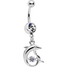 Stainless Steel Piercings Body Candy Womens 14G Steel Navel Ring Piercing Clear Accent Double Dolphin Dangle Belly Button Ring