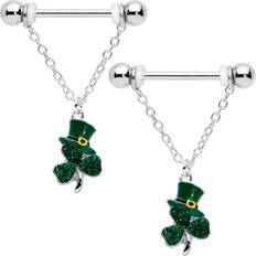 Body Chains Body Candy Gauge 9/16 Green Gem Top Hat Shamrock Chain Dangle Nipple Ring Set