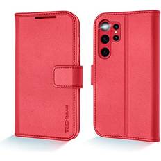 TechGear Red Samsung Galaxy S23 Ultra Leather Wallet Case, Genuine Leather Magnetic Flip [RFID Blocking] Case with Shockproof TPU, Card Slots, Stand Folio Cover