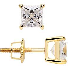 Jewelry Storage 14K Solid Yellow Gold Stud Earrings Princess Cut Cubic Zirconia Screw Back Posts 1.0 CTW With Gift Box