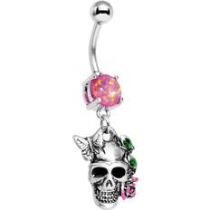 Cheap Piercings Body Candy Stainless Steel Iridescent Pink Accent Beautiful Butterfly Rose Skull Dangle Belly Ring