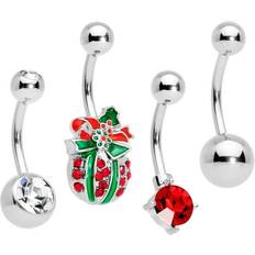 Piercings Body Candy 4Pc 316L Steel Navel Ring Piercing Clear Red Accent Christmas Ornament Belly Button Ring Set