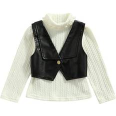 Long Sleeves Knitted Vests Children's Clothing Ehfomius Little Girl’s Solid Color Long Sleeve Knitted Tops with Leather Vest - Beige