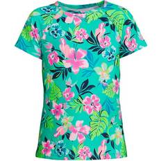 Lands' End Girl's Short Sleeve Crew Neck UPF Swim Rash Guard - Jewel Green Tropic Print